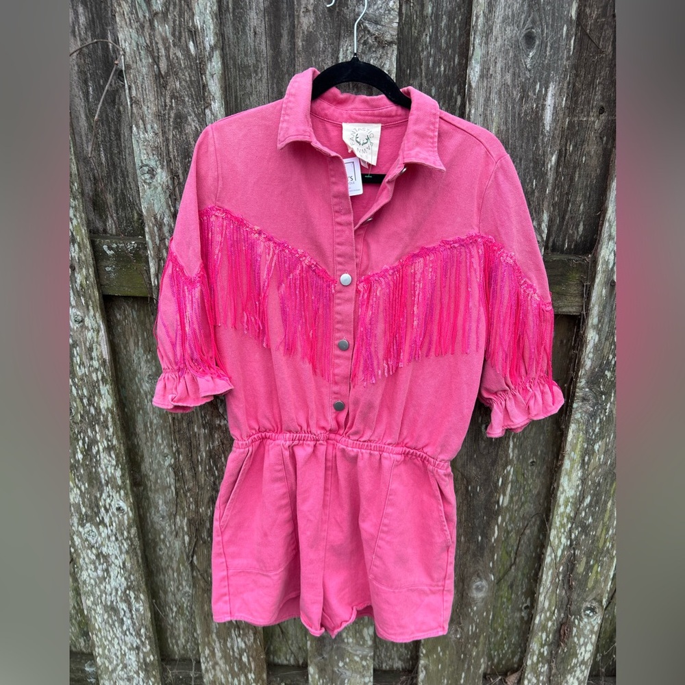 Fantastical Fawn Pink Denim Fringe Romper Womens L Western Festival Sequin